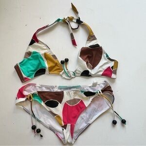Huit Swim Two Piece White Multi Bikini Halter With Wood Beads